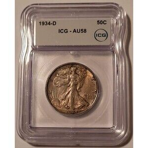 1934 D Walking Liberty Half Dollar AU58 ICG Toned